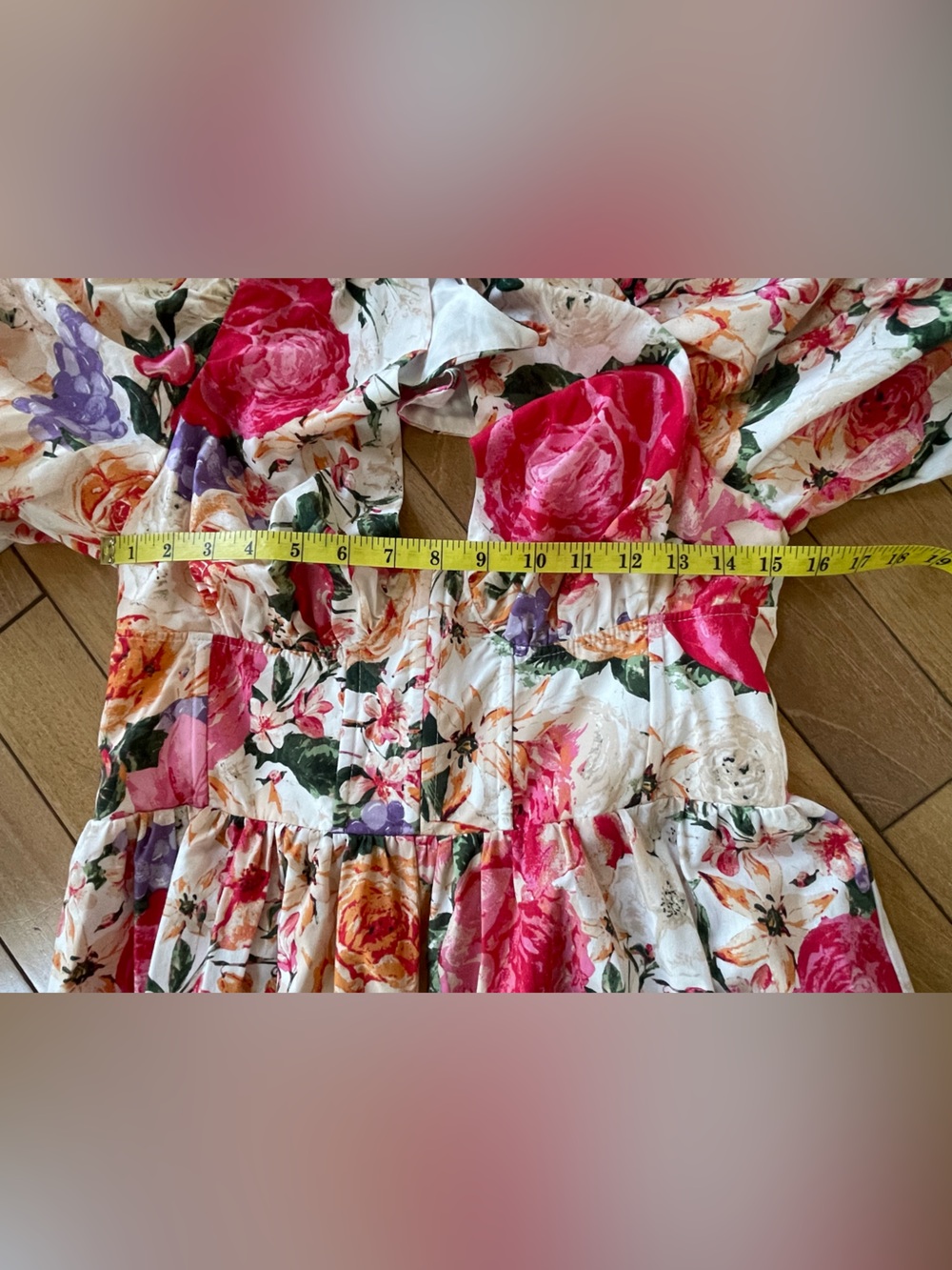 Buddy Love Floral Puff Sleeve Mini Dress L Cottagecore Scalloped Bust Boho - Picture 8 of 16